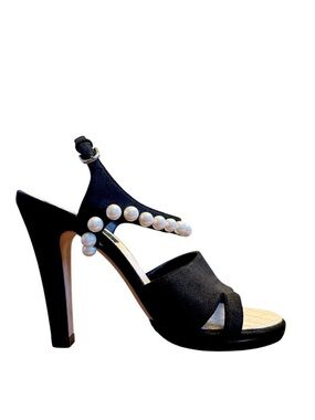 NEW CHANEL Spring 2014 Black Suede Grosgrain Faux Pearl Slingback Sandal 37.5